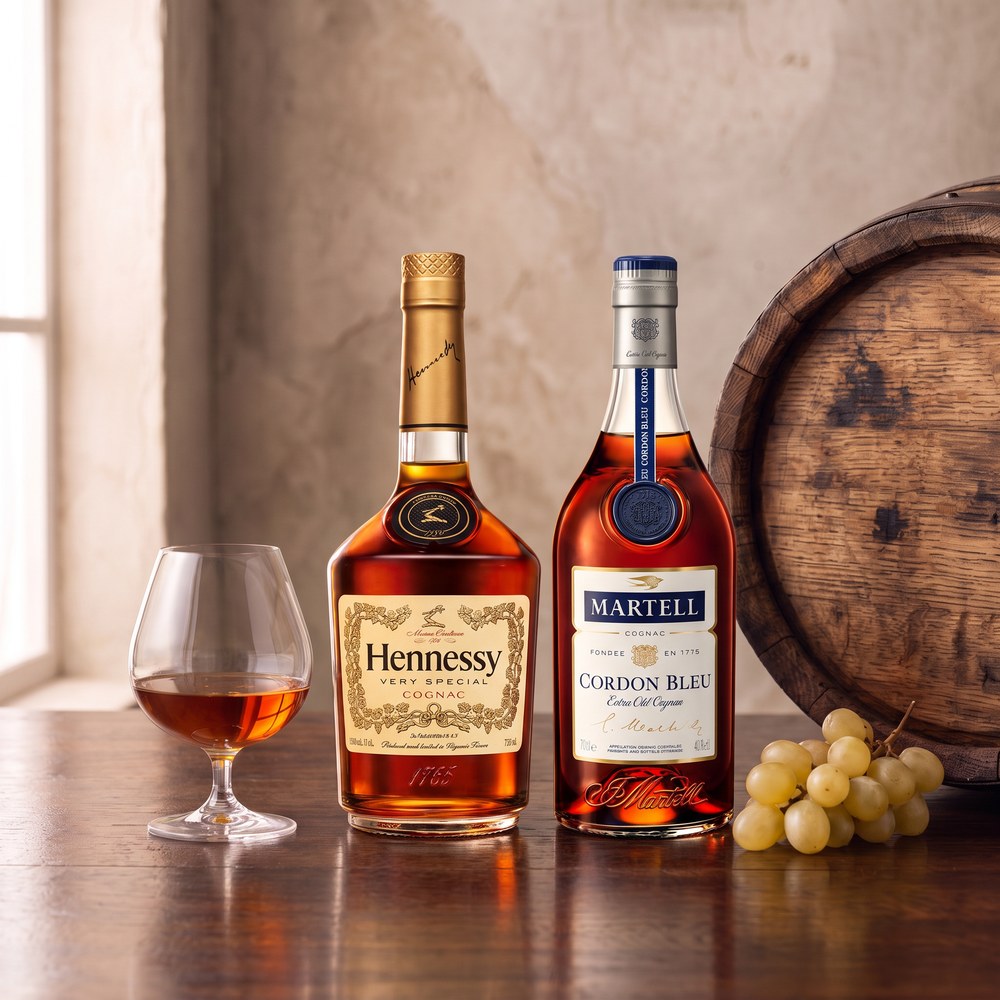Hennessy VS und Martell Cordon Bleu mit Cognacschwenker, Trauben und Fass auf Holztisch