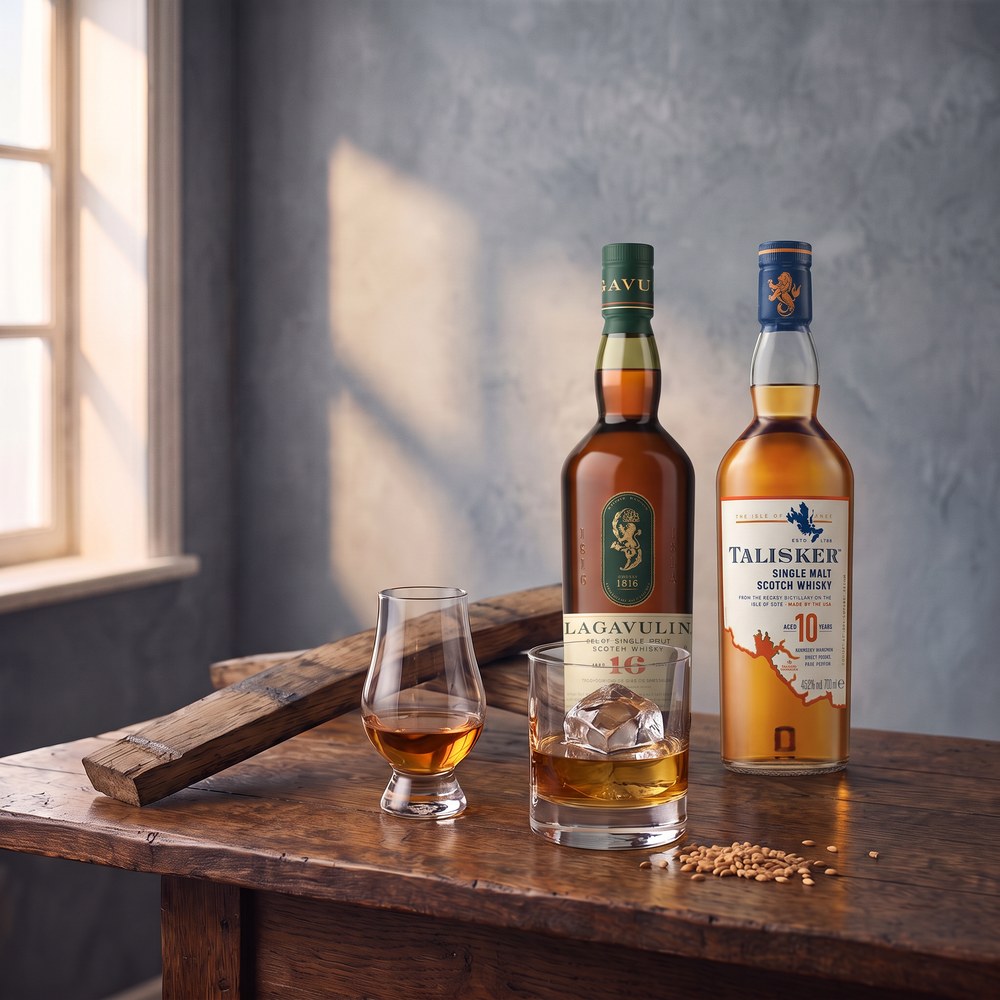 Lagavulin 16 und Talisker 10 neben Glencairn-Glas, Tumbler und Fassdaube auf rustikalem Holztisch