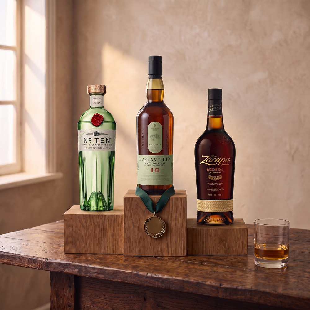 Drei Flaschen auf einem Siegerpodest aus Holz: Tanqueray No. Ten, Lagavulin 16 mit Medaille und Zacapa Solera