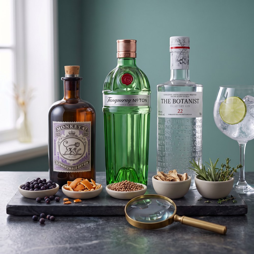Gin-Botanicals in kleinen Schalen mit Lupe vor drei Gin-Flaschen (Monkey 47, Tanqueray No. Ten, The Botanist) auf dunkler Steinplatte