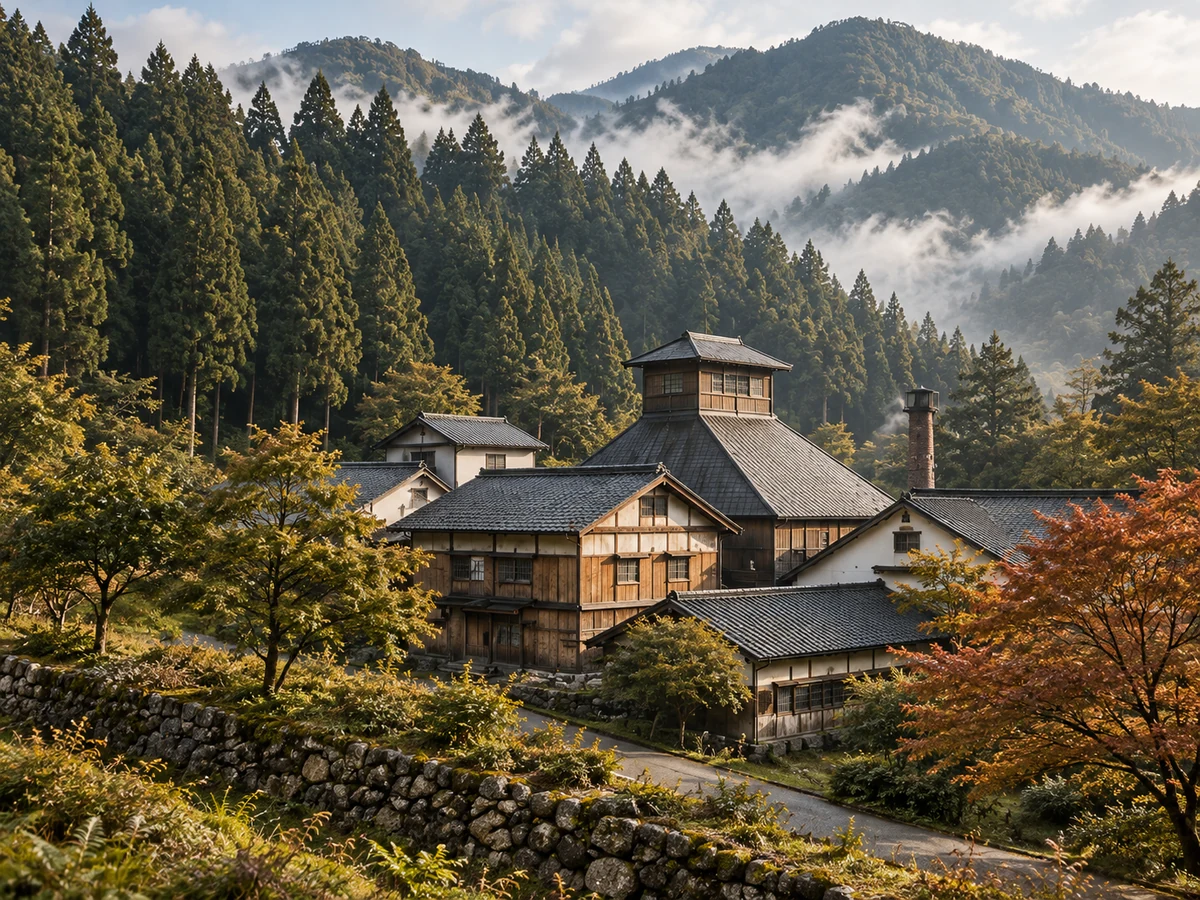 Japanisch inspiriertes Brennereigebäude vor bewaldeten Bergen im Nebel