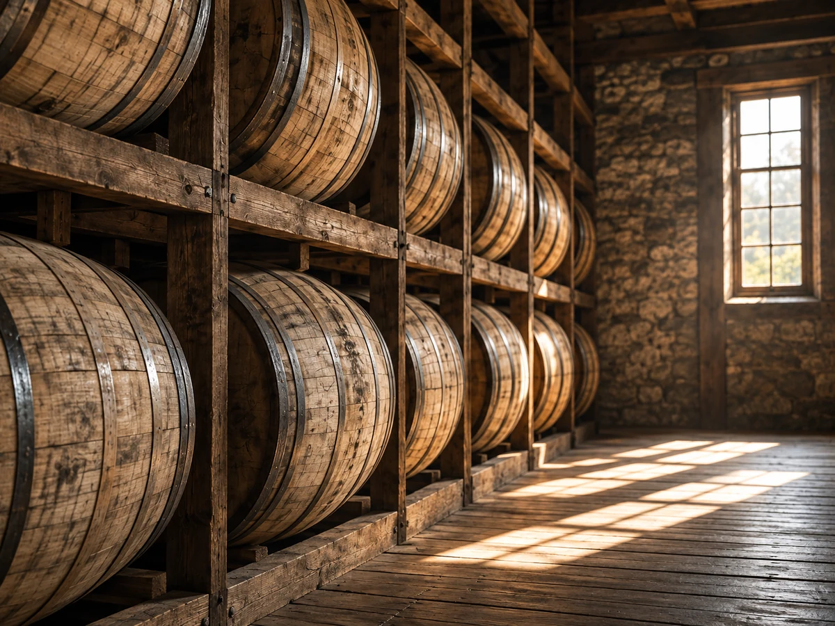 Eichenfässer in einem Whiskey-Fasslager mit warmem Tageslicht