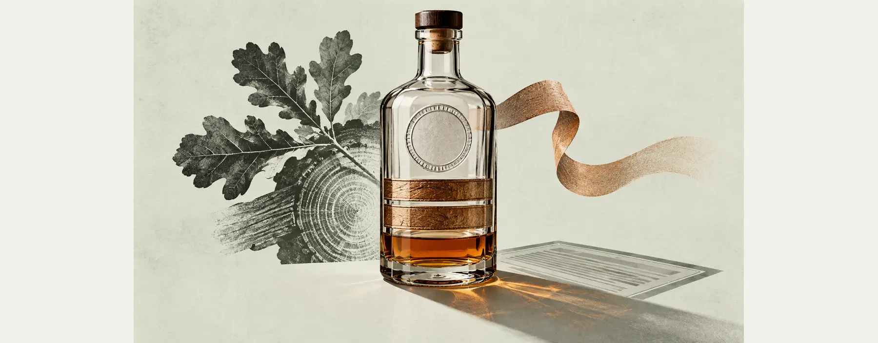 Eine unetikettierte Whiskeyflasche trägt ein blindes Rundsiegel und zwei feste Holzbanderolen; daneben löst sich eine lose Banderole auf.