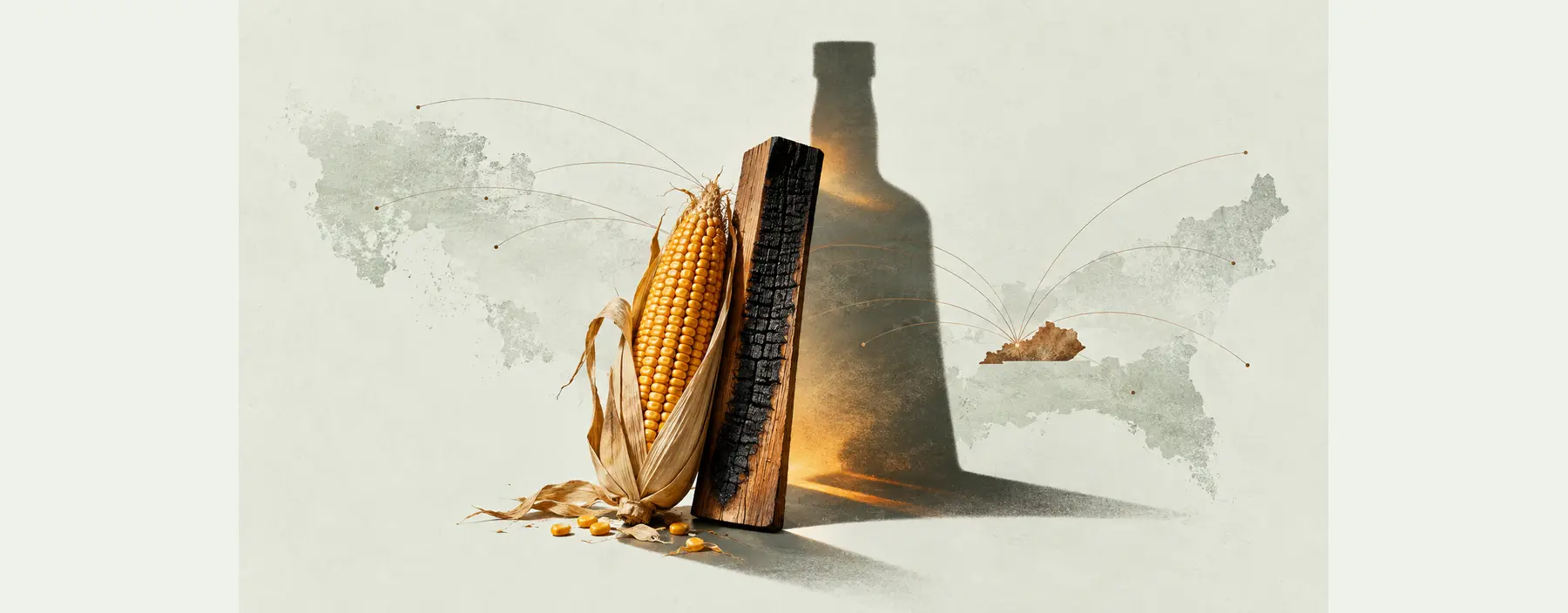 Maiskolben und frisch ausgekohlte Eiche werfen gemeinsam den Schatten einer Whiskeyflasche über eine abstrahierte US-Landkarte.