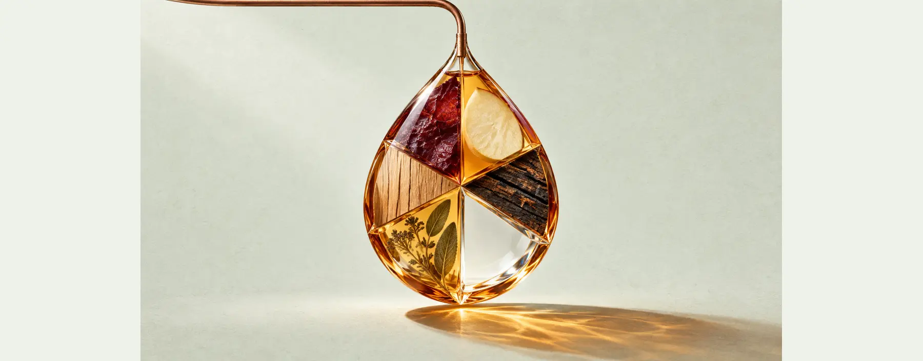 Ein großer amberfarbener Destillattropfen ist in sechs Materialfacetten aus Traube, Apfel, Holz, Solera, Kräutern und klarem Glas gegliedert.