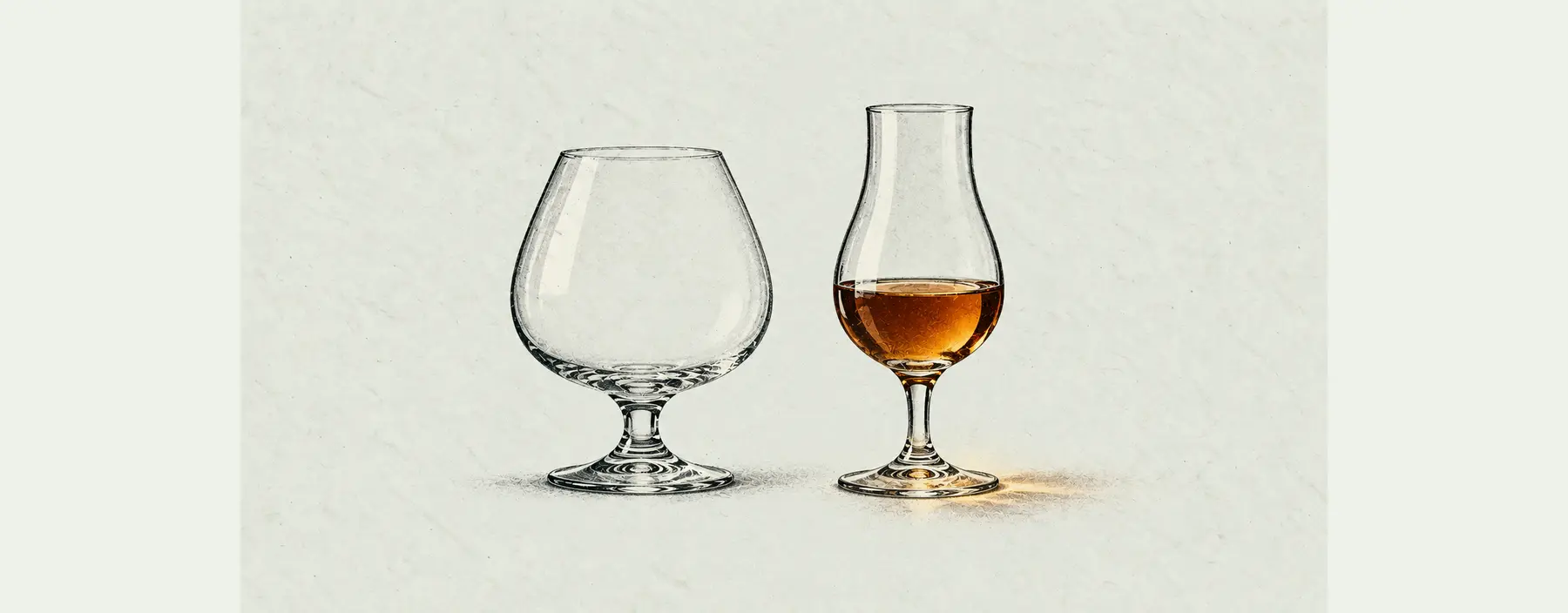 Ein breites Ballonglas und ein schlankes Tulpenglas mit Cognac stehen reduziert nebeneinander