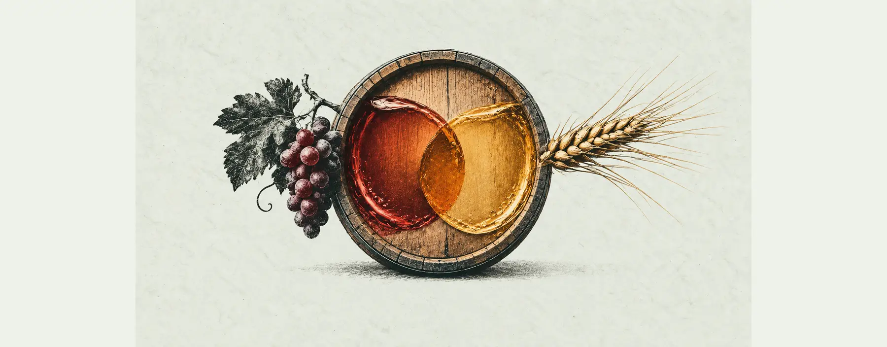 Trauben und Gerstenähre treffen an einem Fassboden auf überlagerte Bögen aus Weinrot und Maltgold