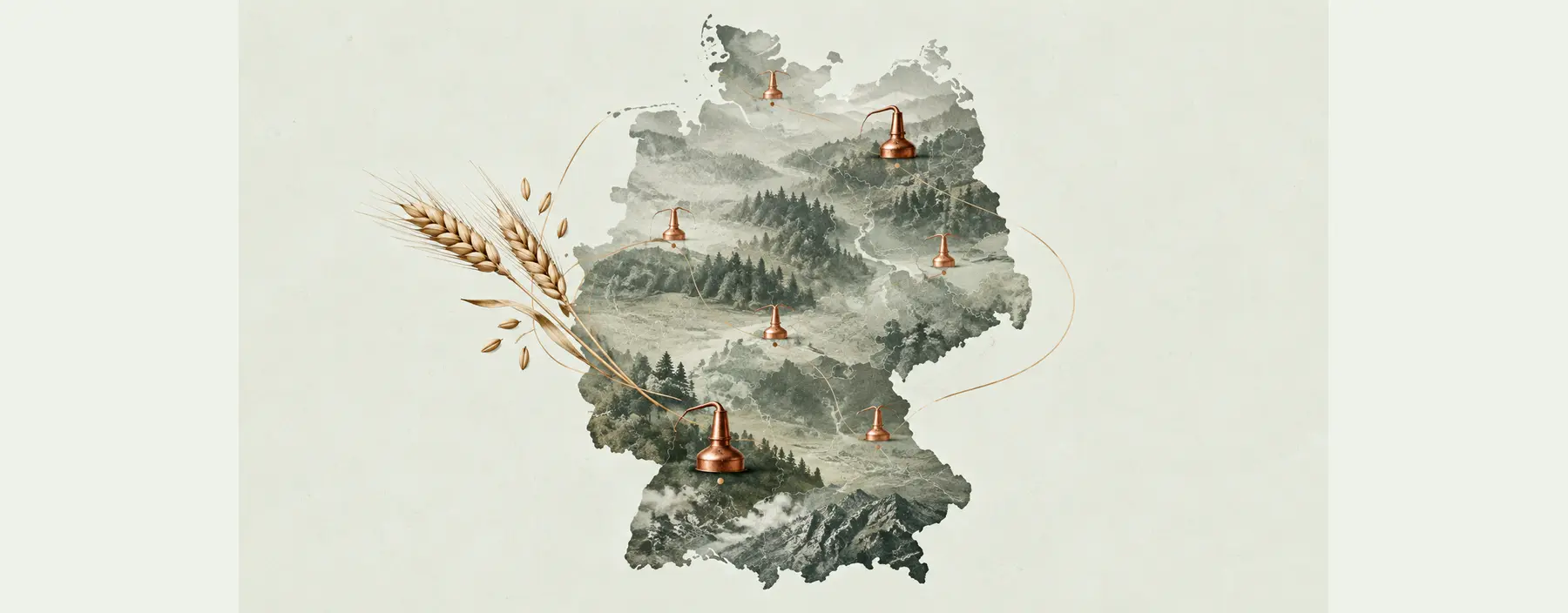 Sieben kleine Kupferbrennblasen markieren eine topografische Deutschlandkarte, begleitet von einer Gerstenähre.
