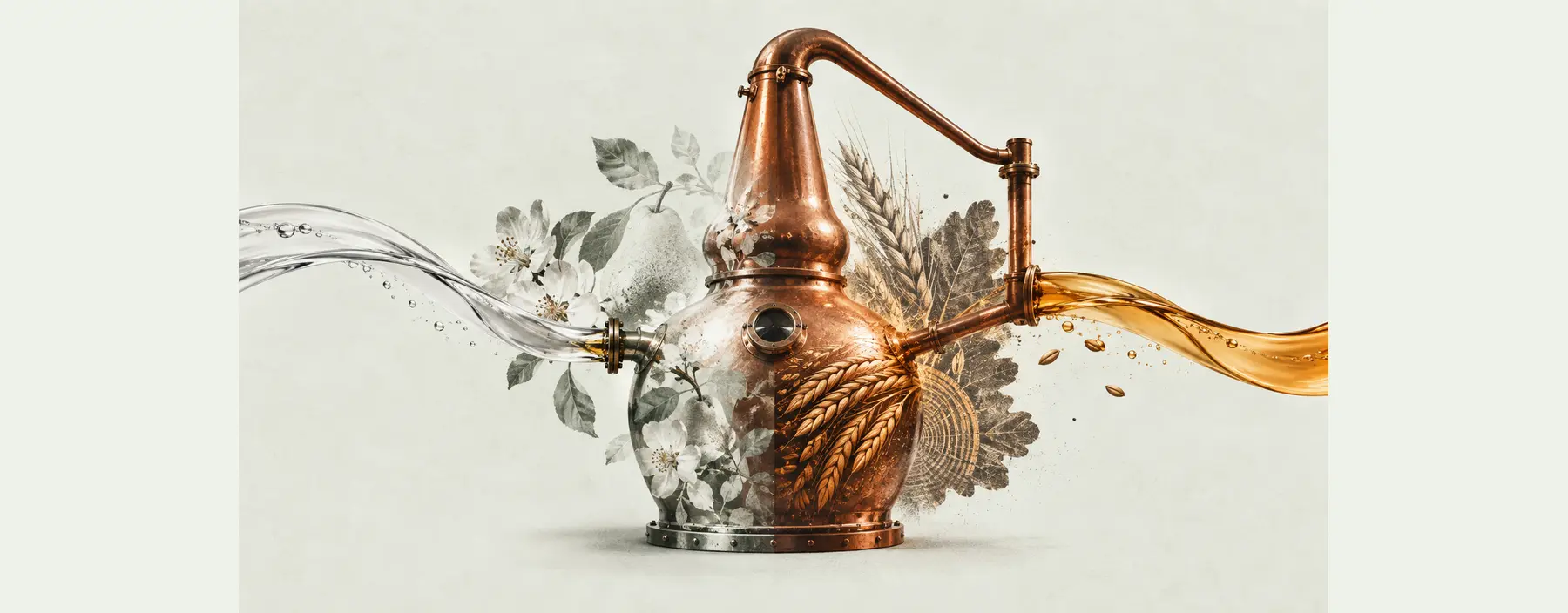 Eine Kupferbrennblase verbindet links Obstblüten und Birne mit rechts Gerste, Eiche und einem amberfarbenen Destillatband.