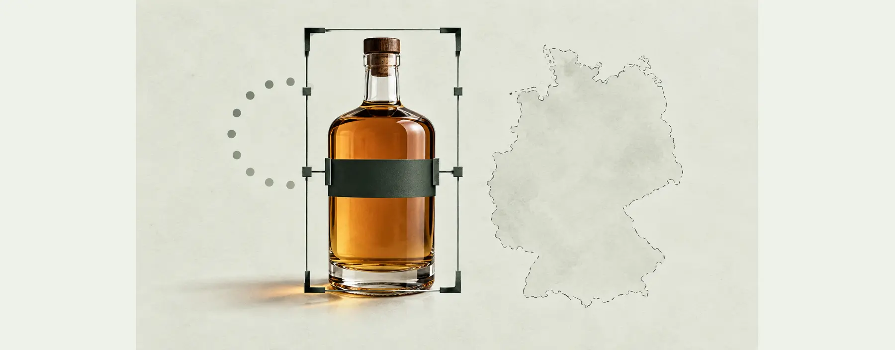 Eine Whiskeyflasche steht in einem festen Regelrahmen; daneben bleibt der helle Umriss Deutschlands unverbunden.