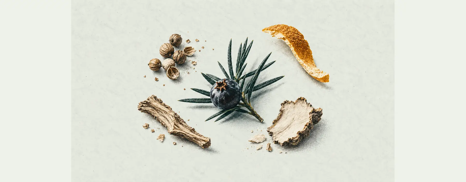 Wacholder, Koriander, Zitrusschale und zwei Wurzeln liegen als reduziertes botanisches Präparat auf hellem Papier