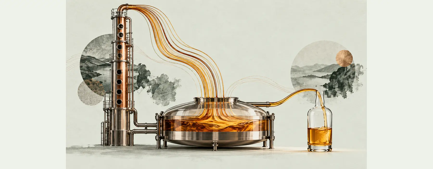 Eine hohe Kolonnenanlage leitet mehrere Amberströme in ein Mischgefäß, aus dem ein einheitlicher Strom in eine Flasche fließt.