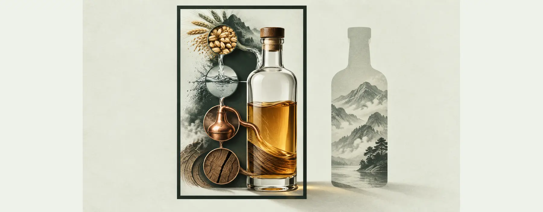 Eine Whiskyflasche ist mit Getreide, Wasser, Kupfer und Eiche in einem geschlossenen Rahmen verbunden; daneben steht nur ein blasser Flaschenschatten.