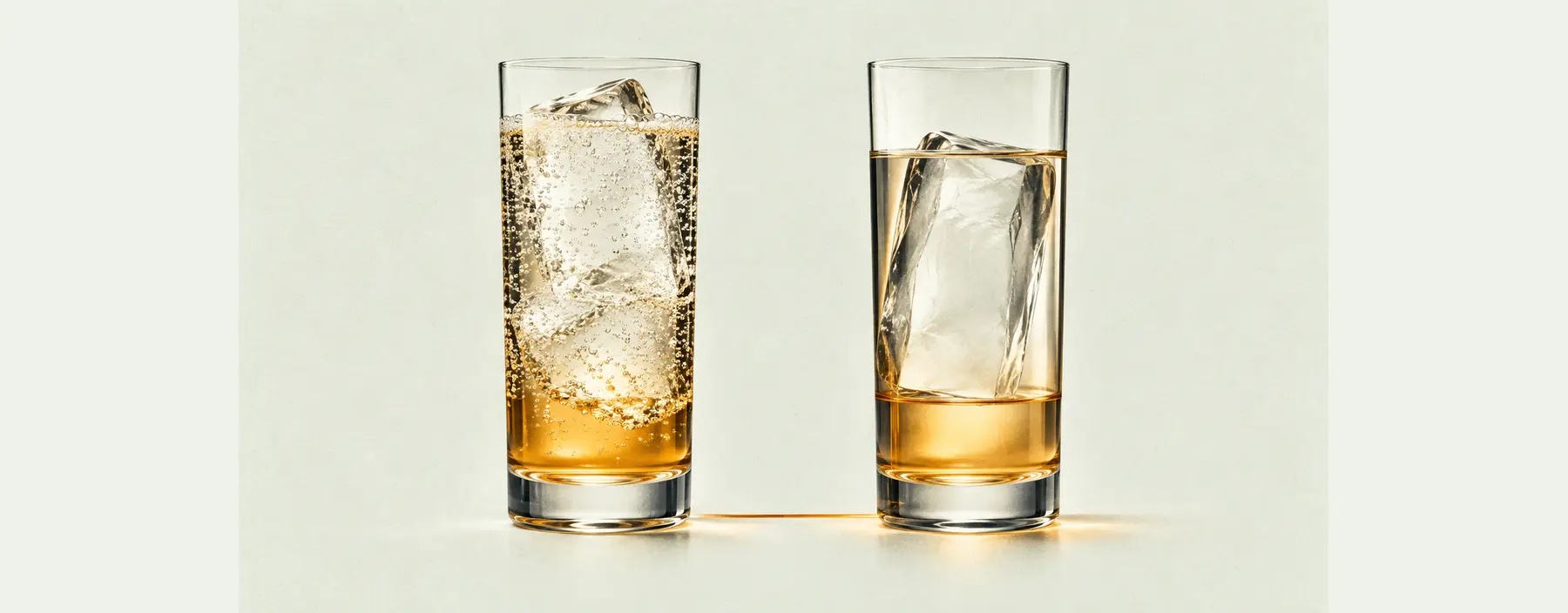 Zwei hohe Gläser zeigen links einen perlenden Highball und rechts einen still verdünnten Mizuwari.