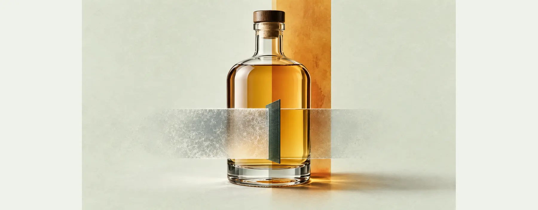 Eine Whiskyflasche wird von einem frostigen Filterband und einem unabhängigen senkrechten Amberband gekreuzt.