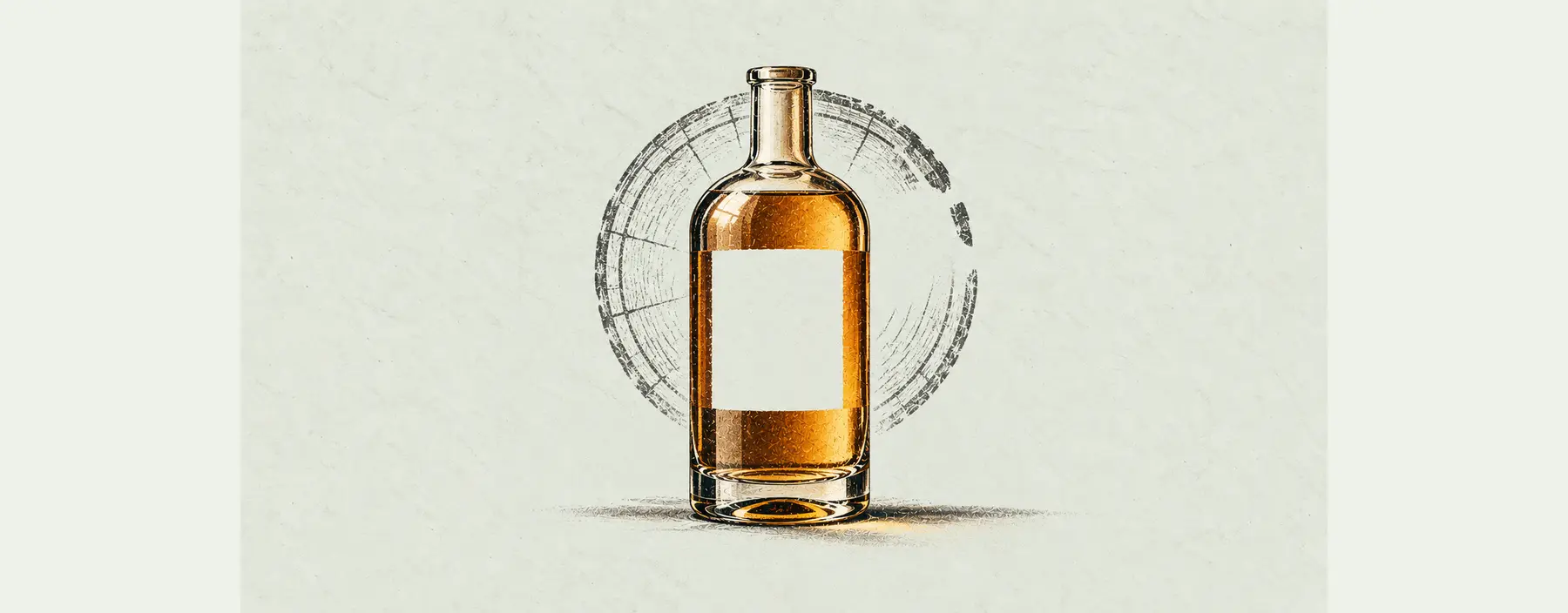 Eine bernsteinfarbene Whiskyflasche trägt eine präzise leere Etikettenfläche vor einem unterbrochenen Fassring