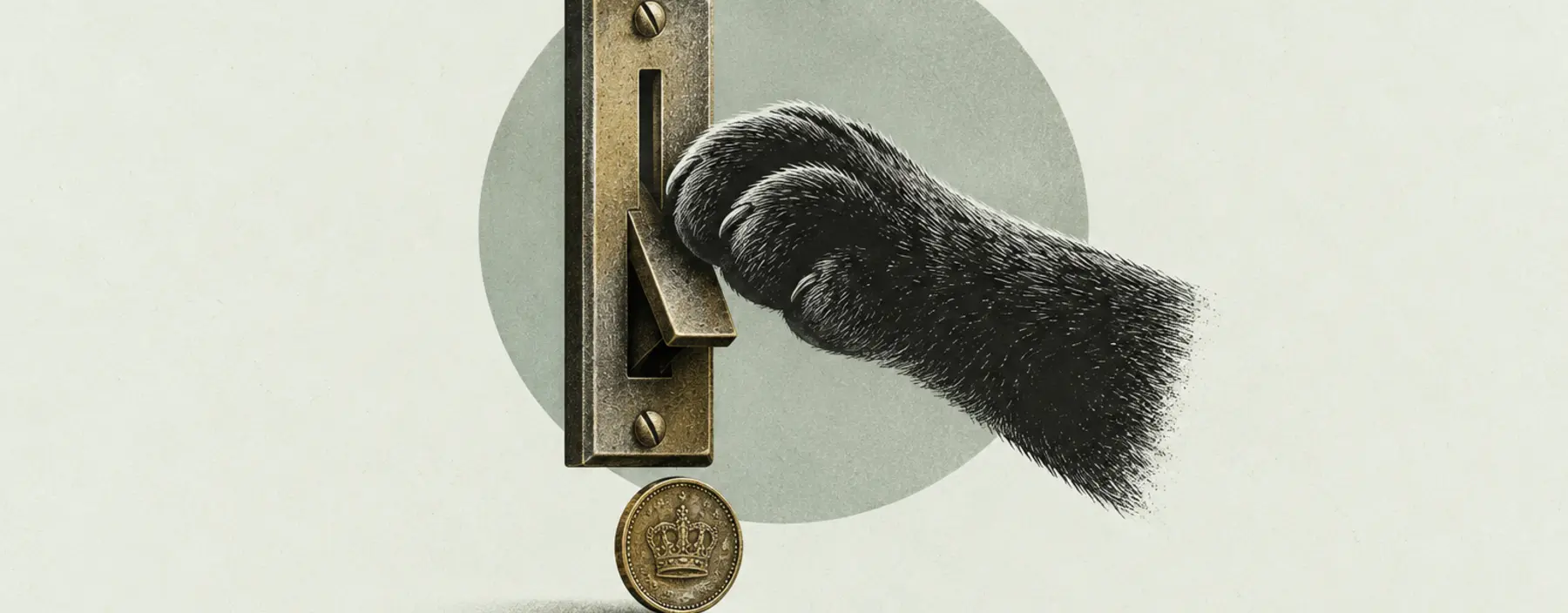 Schwarze Katzenpfote an einem historischen Ausgabeschlitz mit Münze