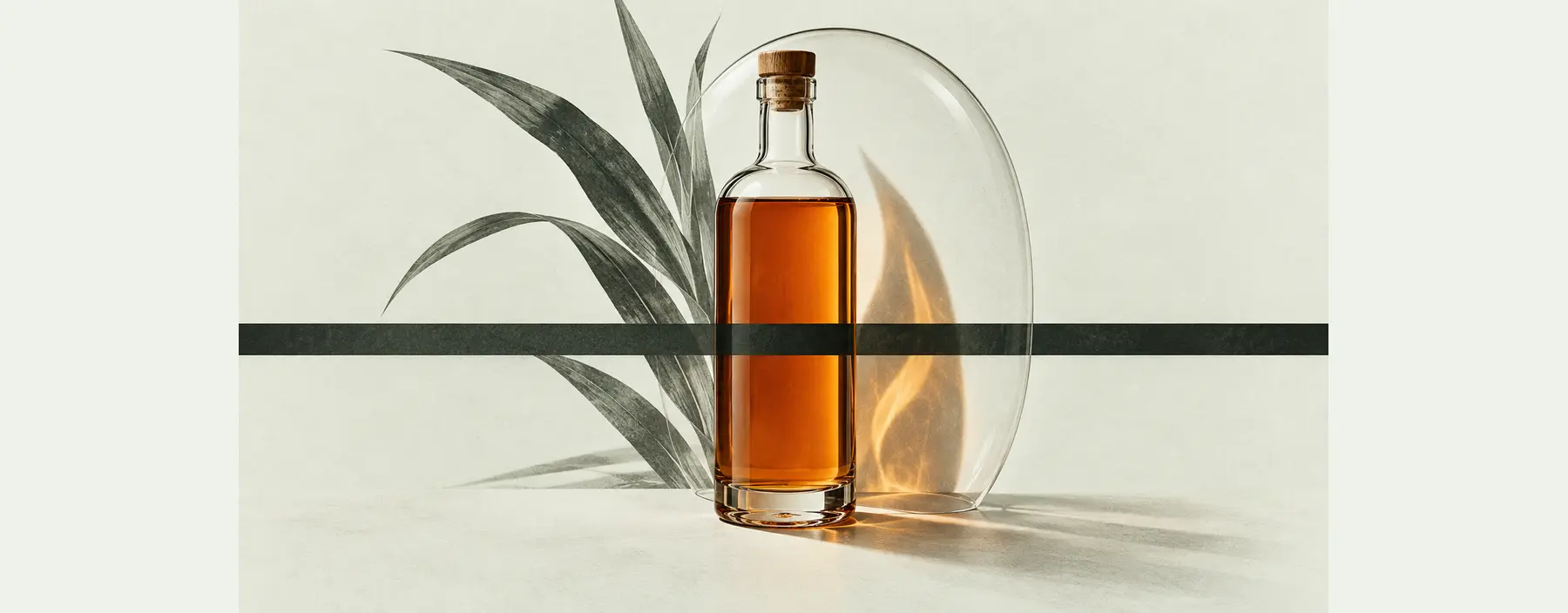 Eine Rumflasche überschreitet mit ihrem Amberfüllstand eine dunkle Schwelle; eine gläserne Schutzhaube enthält einen flammenförmigen Schatten.