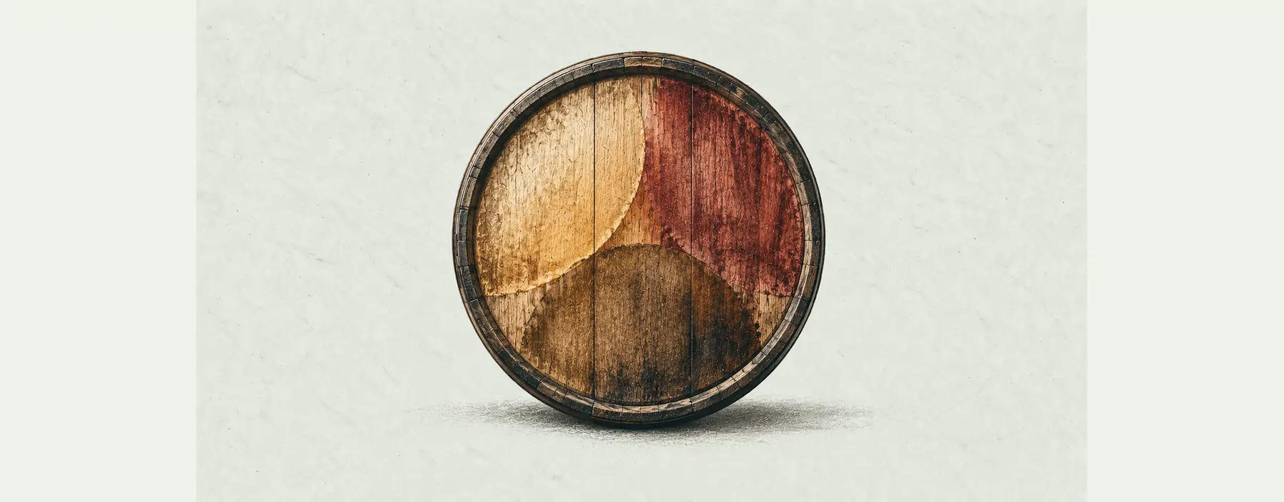 Ein einzelner Fassboden zeigt drei überlagerte Holz- und Flüssigkeitsfelder in Gold, Weinrot und Umber
