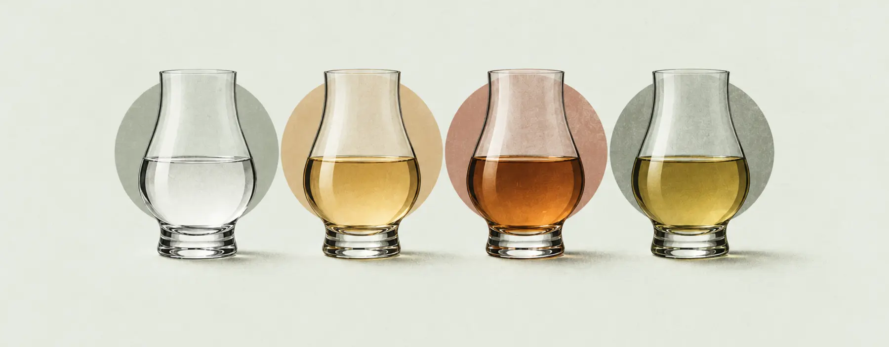 Vier gleiche Gläser mit klarem, goldenem, dunklem und olivgoldenem Rum