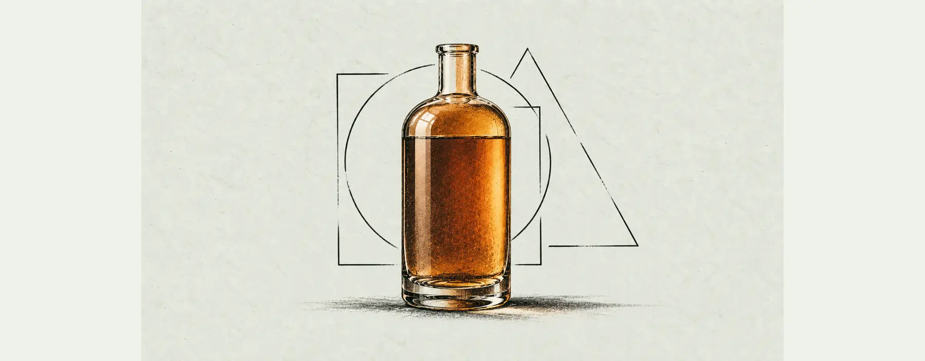 Eine Rumflasche steht vor drei unvollständigen und nicht deckungsgleichen geometrischen Rahmen