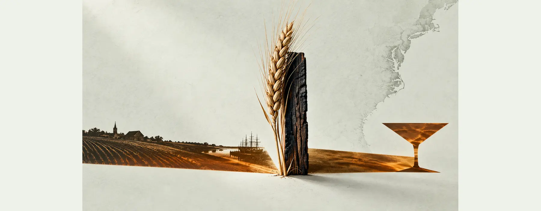 Eine Roggenähre und eine ausgekohlte Eichenplanke stehen zwischen historischem Feld, unterbrochener Amberlinie und modernem Cocktailumriss.