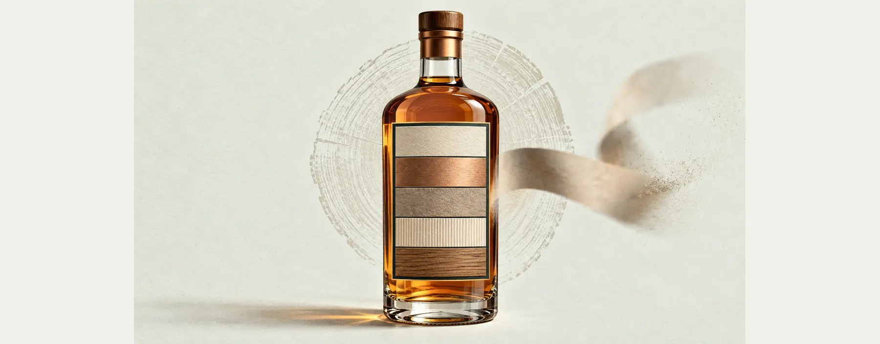 Eine unbeschriftete Whiskyflasche trägt fünf klar getrennte Materialfelder; eine lose Papierbahn löst sich außerhalb des Rahmens auf.
