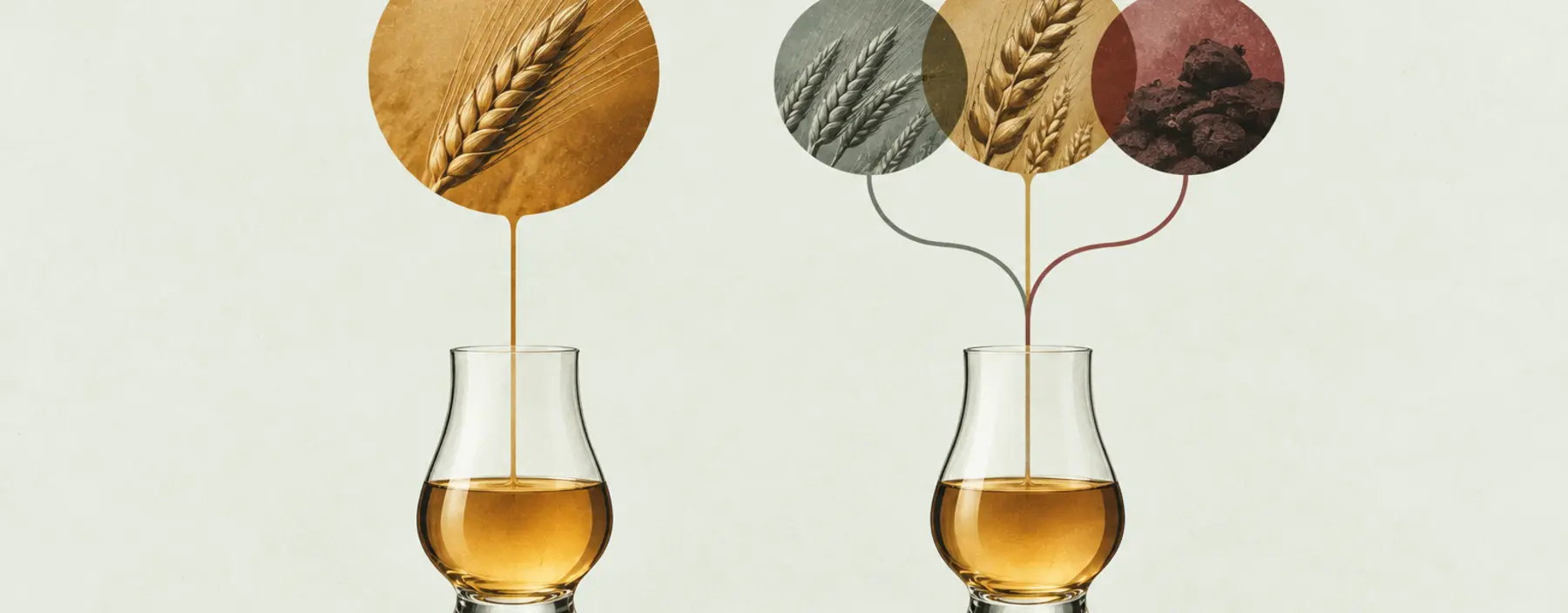 Eine einzelne und mehrere zusammengeführte Aromaquellen über zwei Whiskygläsern