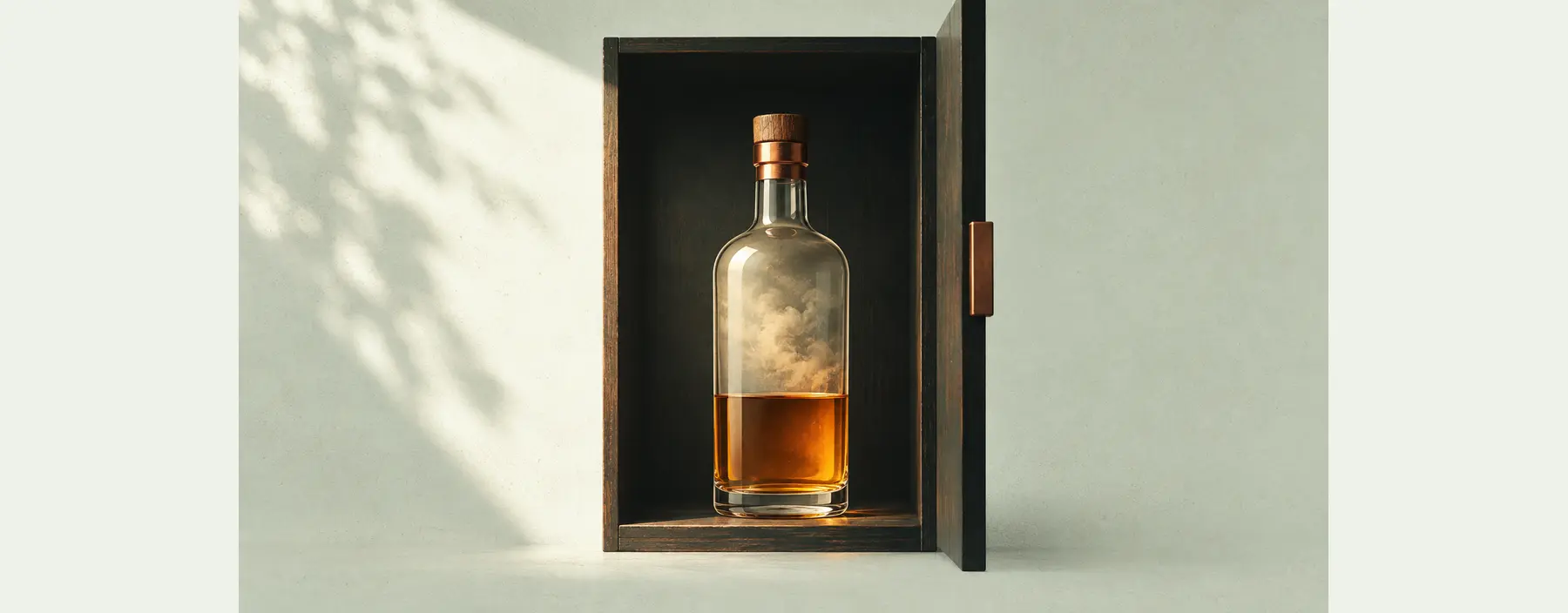 Eine aufrecht stehende, teilgefüllte Spirituosenflasche ist in einem dunklen Schrank vor einem seitlichen Lichtstrahl geschützt.