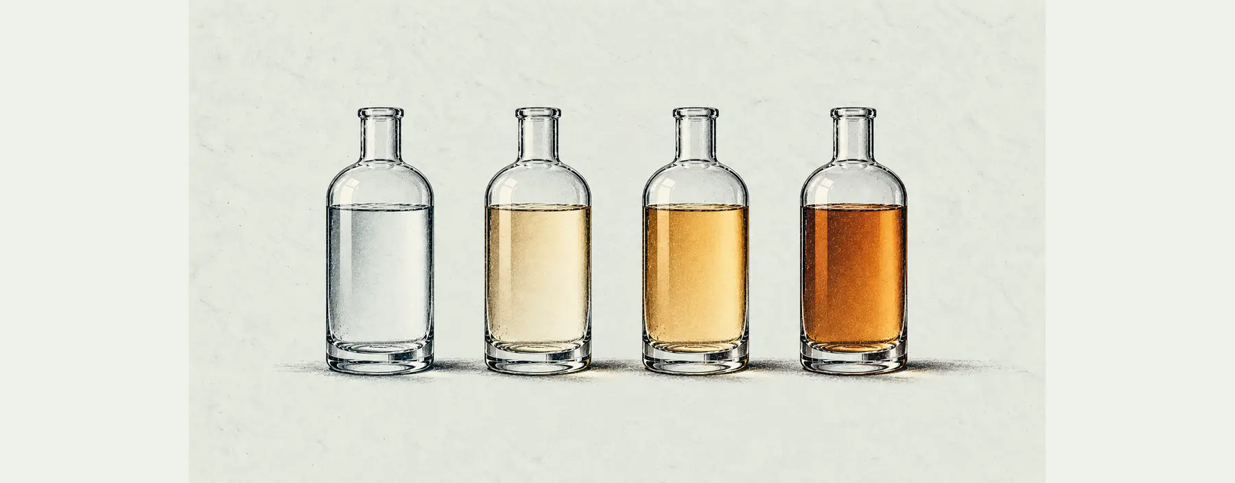 Vier identische Glasgefäße zeigen Tequila von farblos über Strohgold bis zu tiefem Amber