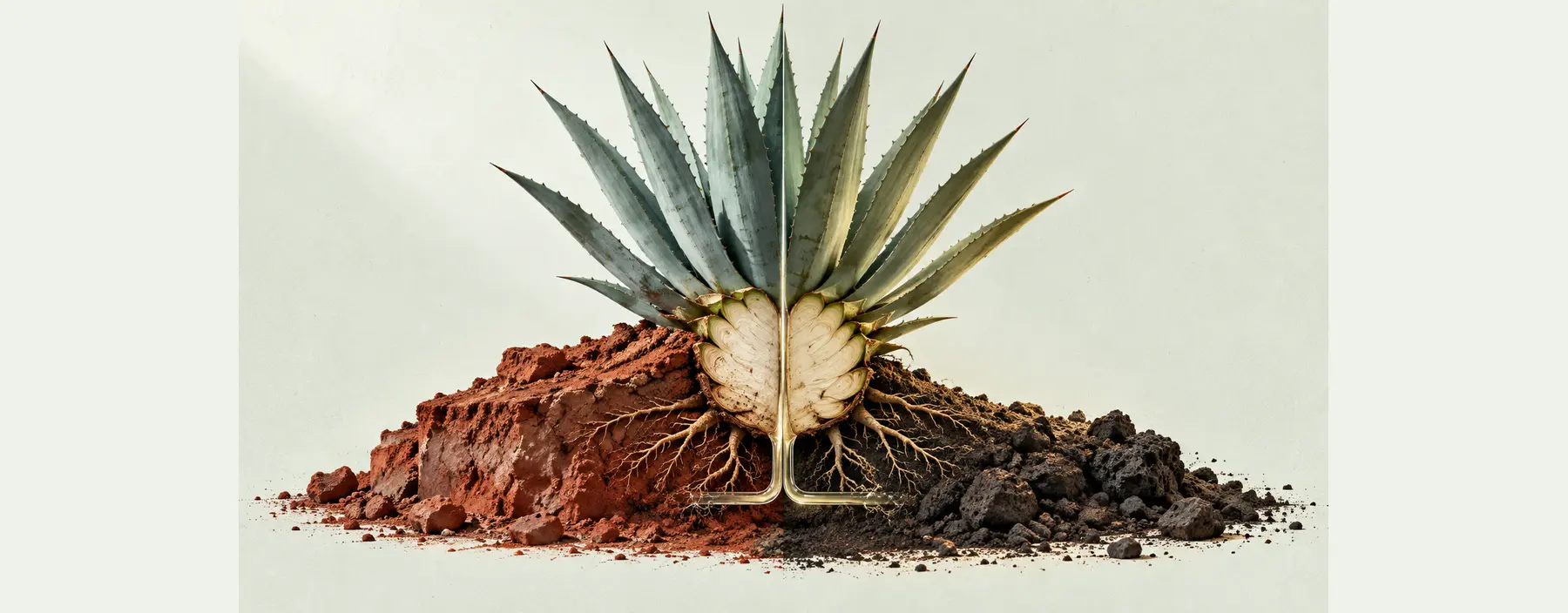 Eine mittig geteilte Agave wurzelt links in rotem Hochlandlehm und rechts in dunklem vulkanischem Talboden.