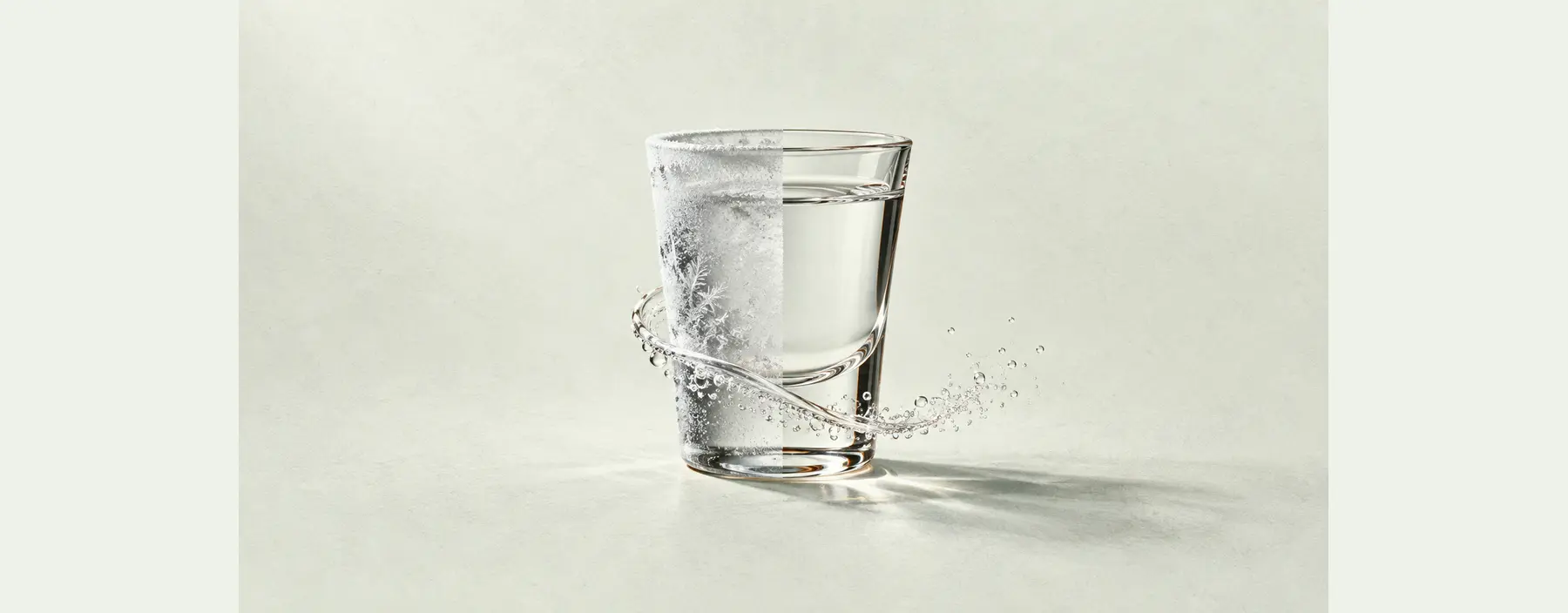 Ein klares Vodkaglas ist auf einer Seite vereist und auf der anderen klar; eine einzelne perlende Mixerspur umkreist den Fuß.