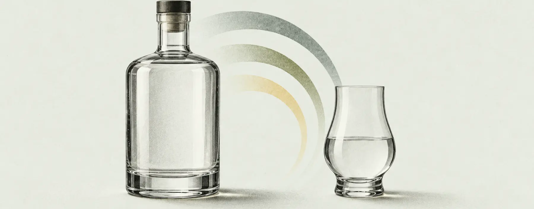 Ginflasche und Glas, verbunden durch farbige Aromabögen