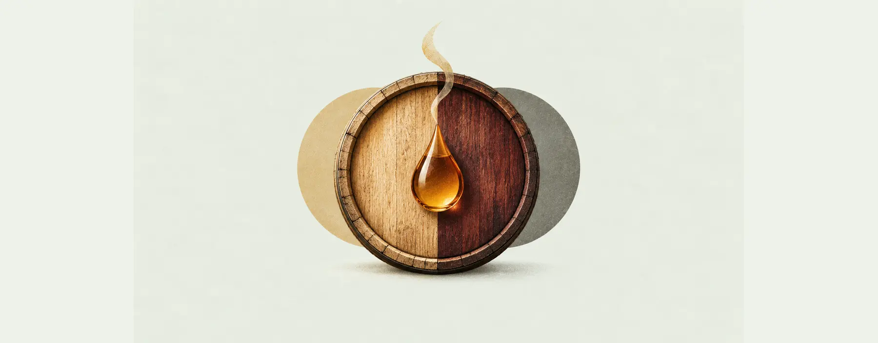 Geteiltes Eichenfass mit hellem und weinrotem Holz, zentralem Whiskytropfen und Verdunstungsspur