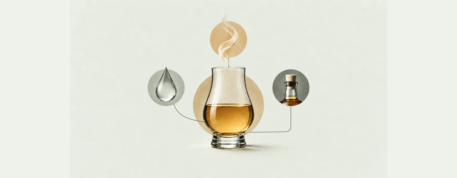 Whiskyglas mit Wassertropfen, Aromaspur und Symbol für die richtige Flaschenlagerung