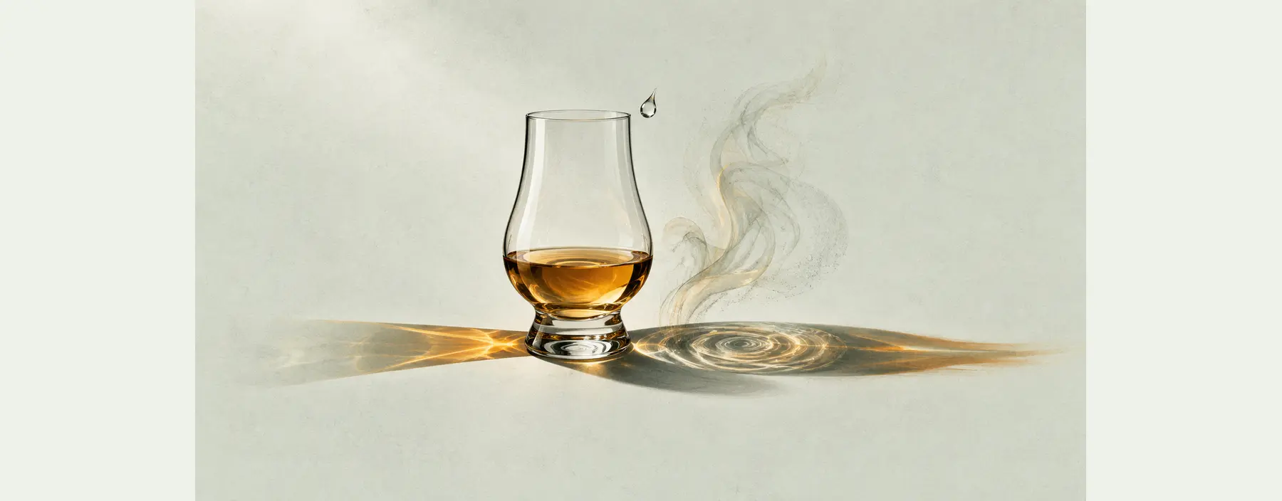 Ein tulpenförmiges Whiskyglas wirft einen Schatten aus Farbstreifen, Aromawolke, Geschmackswelle und langem Abgang; daneben schwebt ein Wassertropfen.