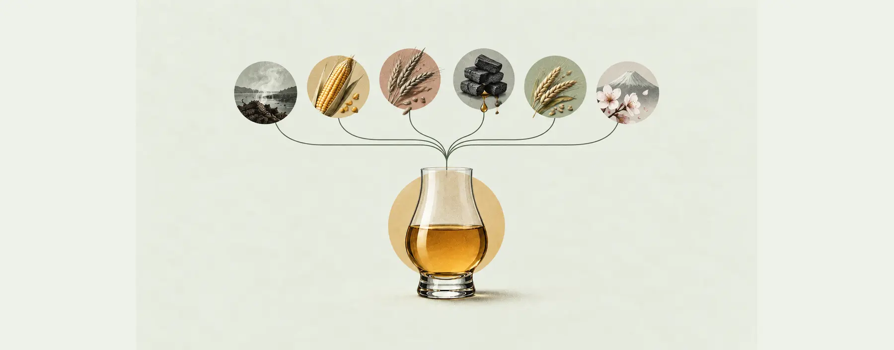Sechs Whisky-Stilquellen mit unterschiedlichen Rohstoff- und Verfahrensmotiven über einem Glas