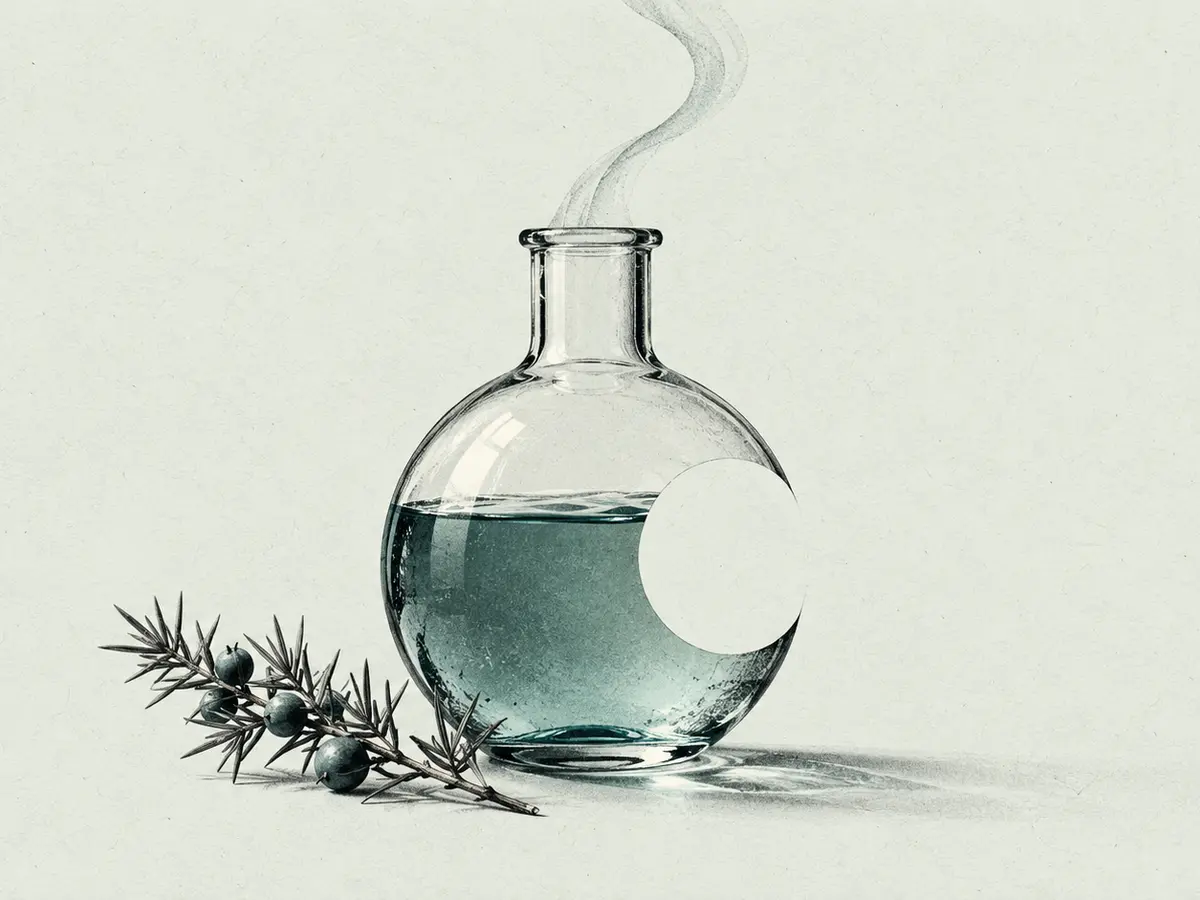 Runde Glasflasche mit Wacholderzweig; eine kreisförmige Leerstelle und aufsteigender Dampf symbolisieren entzogenes Ethanol