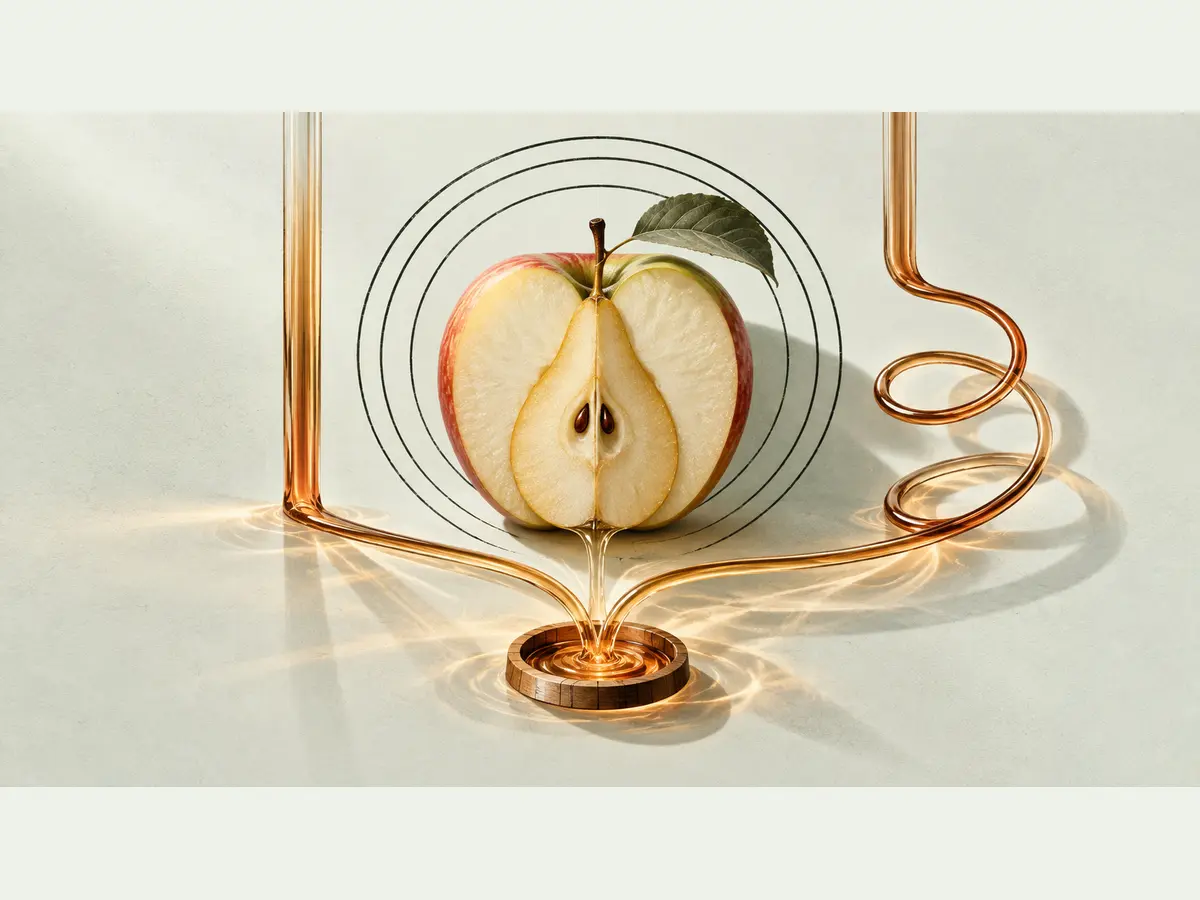 Ein aufgeschnittener Apfel mit birnenförmigem Kern steht in drei Herkunftsringen; zwei Kupferwege vereinen sich in einem Eichenring.
