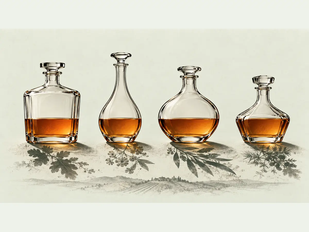 Vier verschieden geformte, unetikettierte Cognac-Dekanter stehen mit identischem bernsteinfarbenem Füllstand nebeneinander.