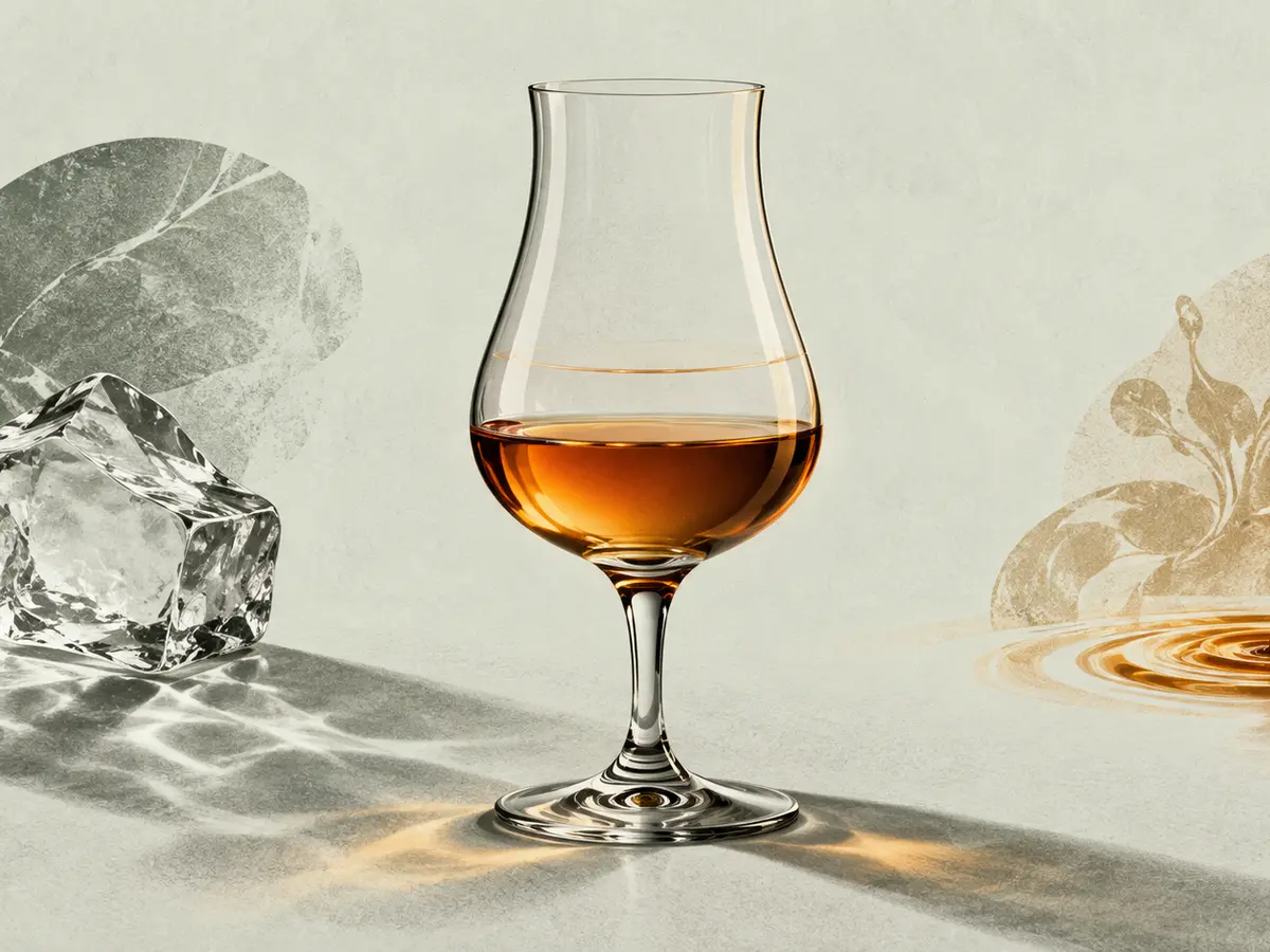Ein Cognac-Tulpenglas steht zwischen einem transparenten Eiswürfel und einer kleinen bernsteinfarbenen Likörwelle.