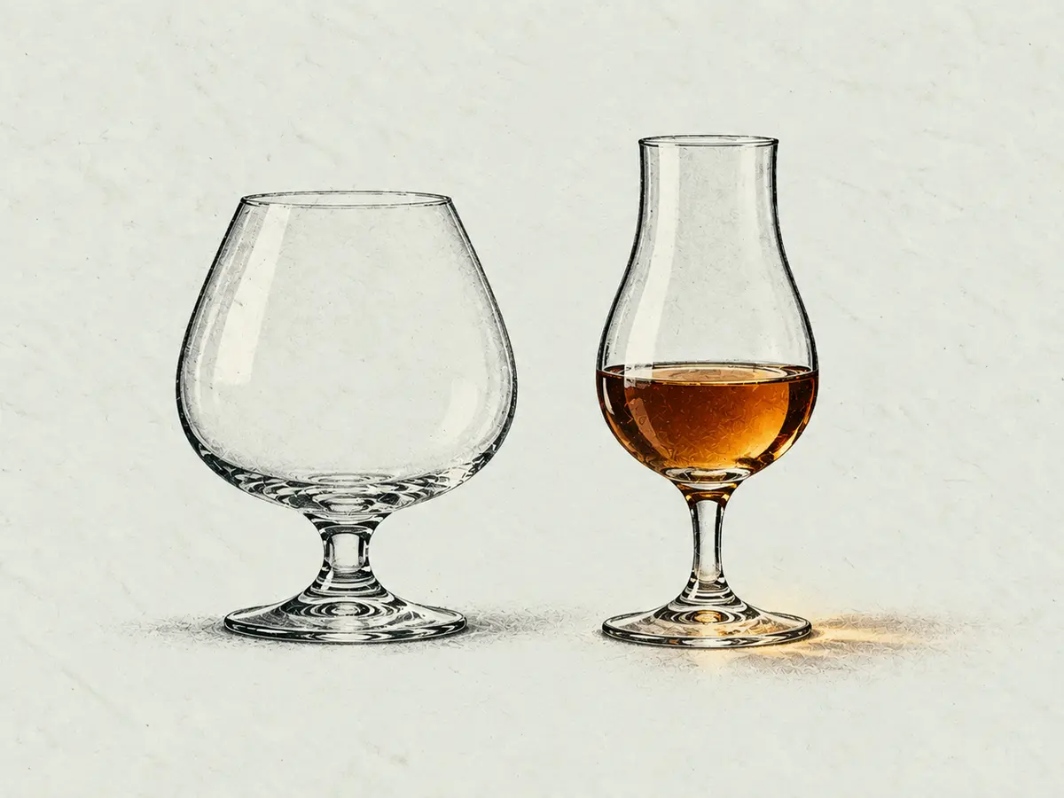 Ein breites Ballonglas und ein schlankes Tulpenglas mit Cognac stehen reduziert nebeneinander
