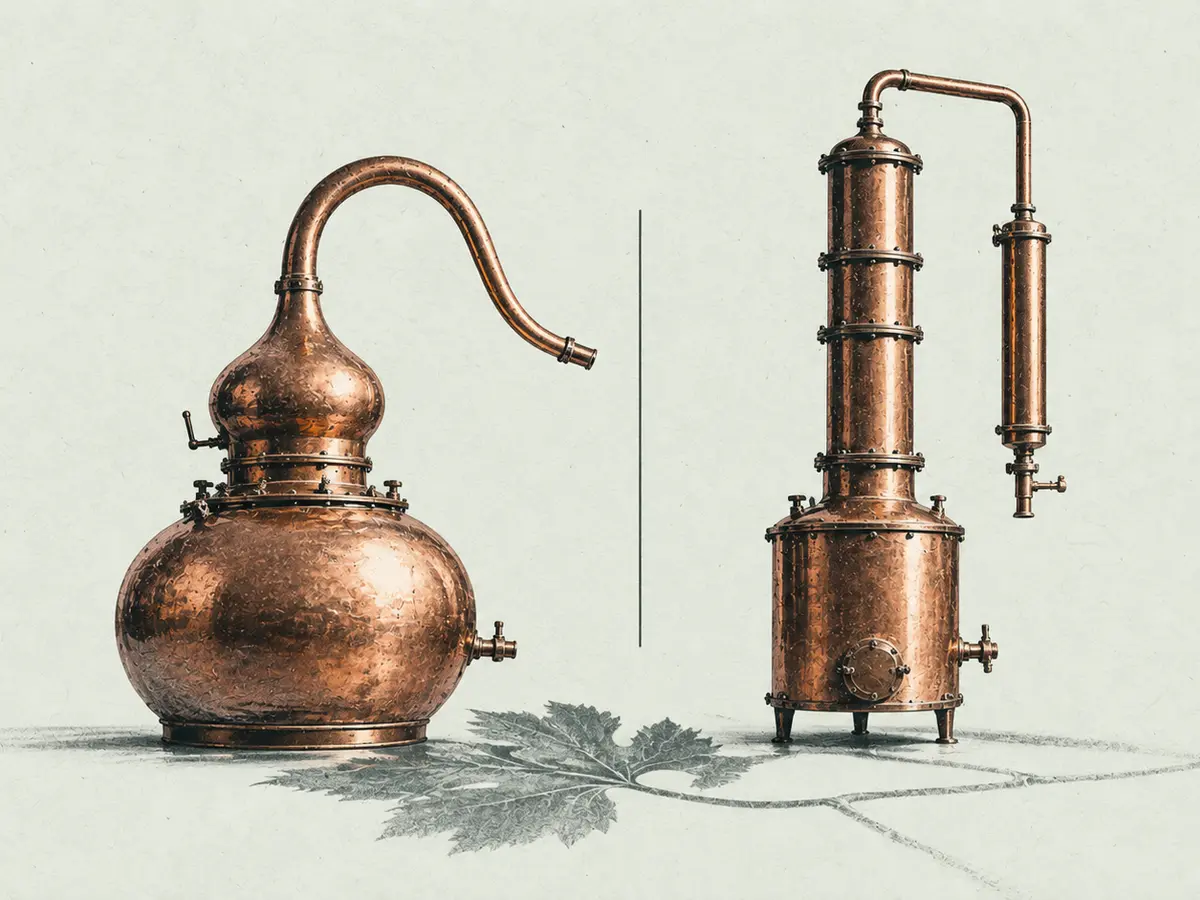 Eine runde Charentais-Brennblase und eine schlanke Armagnac-Kolonne stehen als kupfernes Diptychon gegenüber