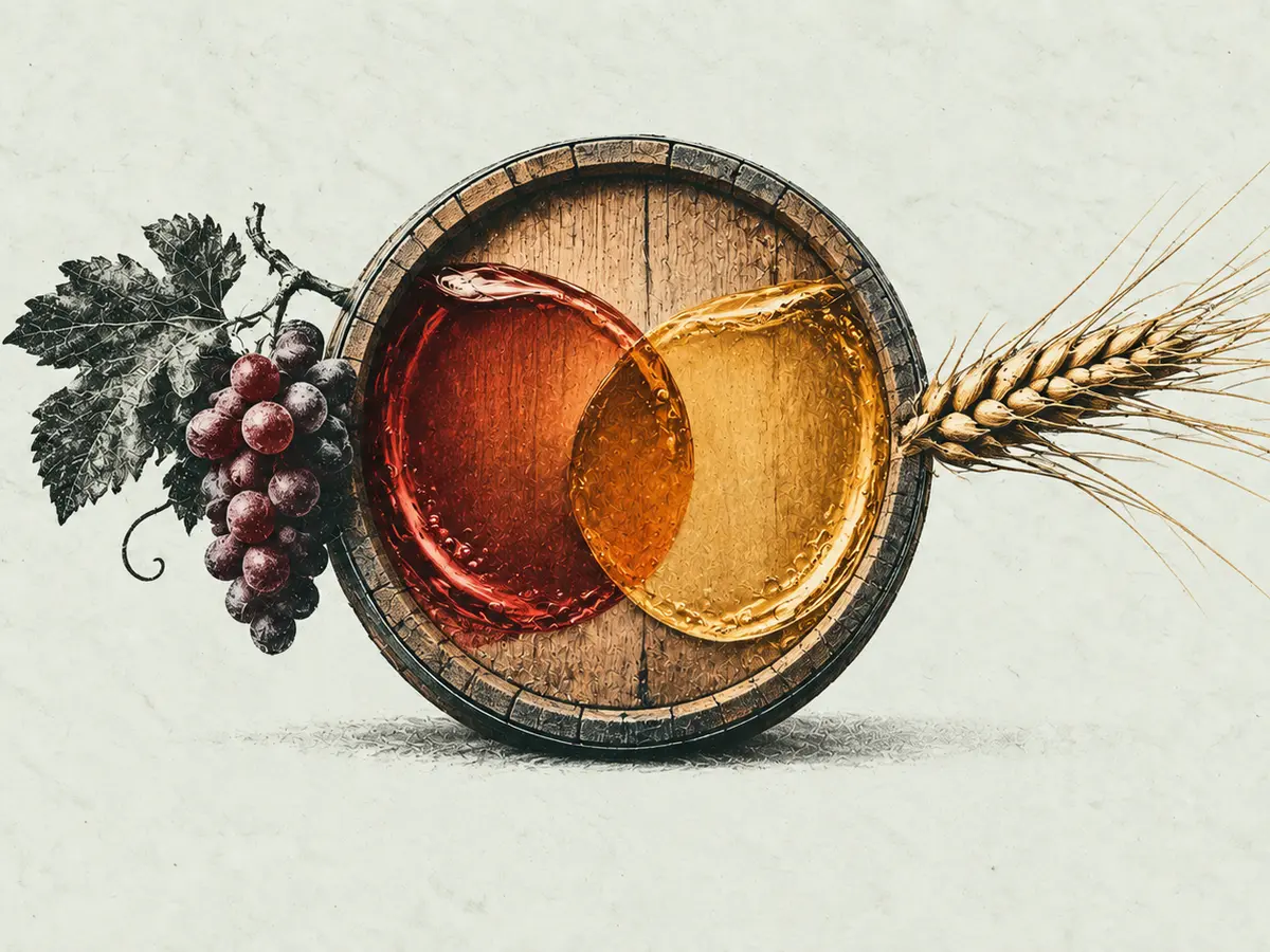 Trauben und Gerstenähre treffen an einem Fassboden auf überlagerte Bögen aus Weinrot und Maltgold