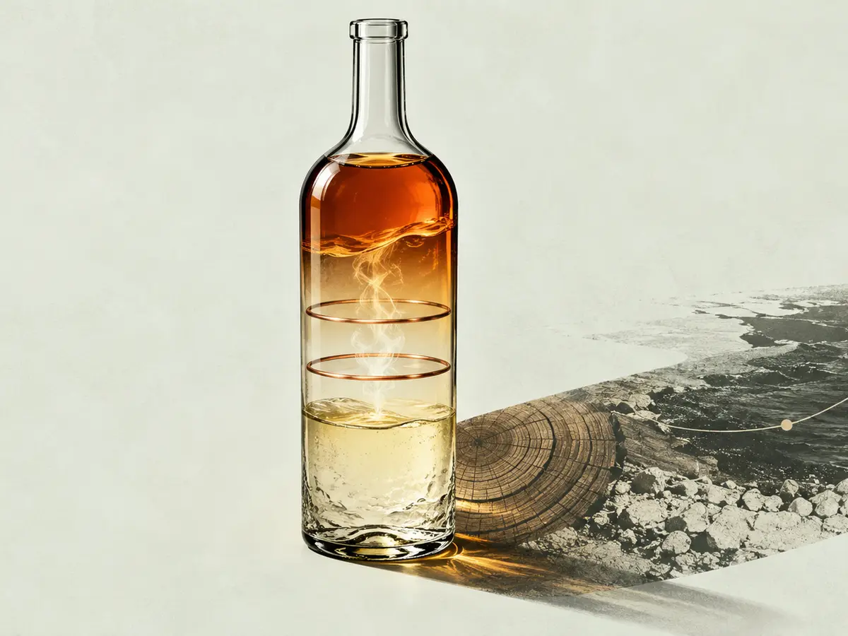 Eine klare Flasche zeigt den Verlauf von hellem Wein über zwei Kupferringe zu Cognac; der Schatten verbindet Eiche, Kreideboden und Seeweg.