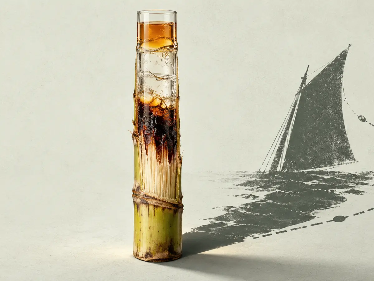 Ein aufgeschnittener Zuckerrohrstängel trägt den Farbverlauf von Saft zu Rum; sein Schatten zeigt Segel und Handelsroute.