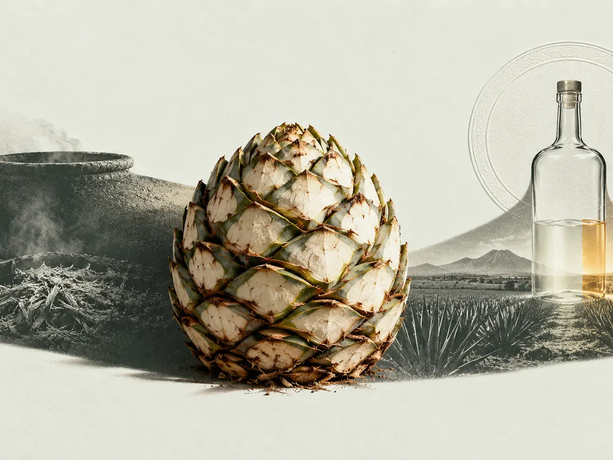 Eine Agavenpiña verbindet als Mittelmotiv ein dunkles Gärgefäß mit einer klaren Flasche und einem blinden Herkunftssiegel.