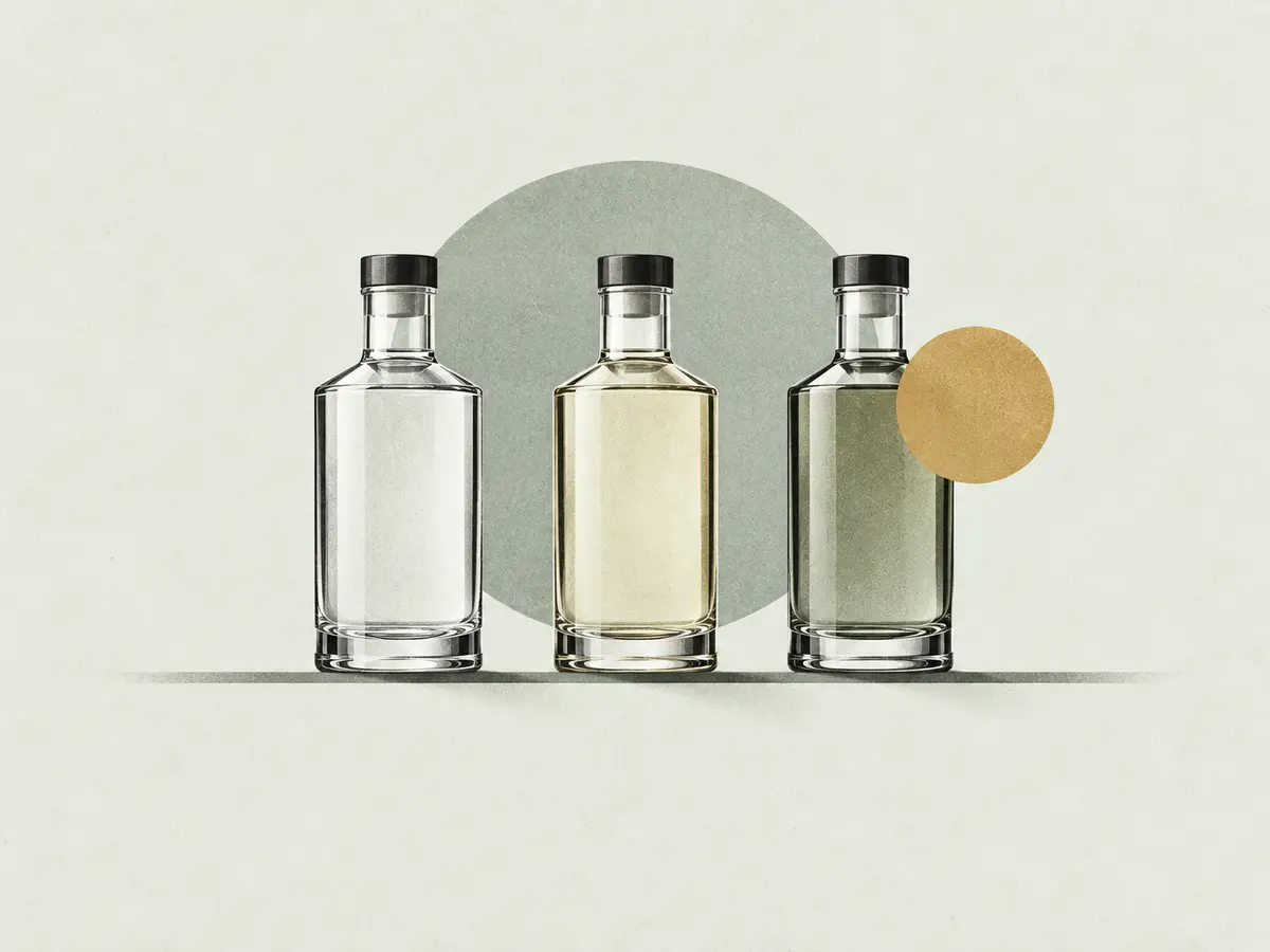 Drei anonyme Ginflaschen unter einer Regallinie als Symbol für Discounter-Gin