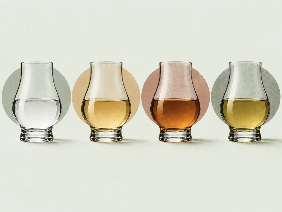 Vier gleiche Gläser mit klarem, goldenem, dunklem und olivgoldenem Rum