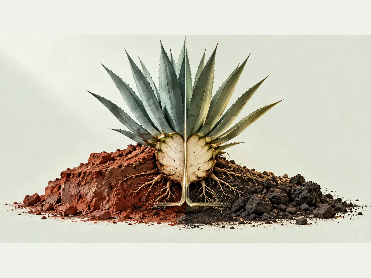 Eine mittig geteilte Agave wurzelt links in rotem Hochlandlehm und rechts in dunklem vulkanischem Talboden.